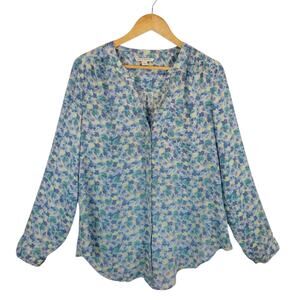 Zac & Rachel Women's Blue Green Floral Long Sleeve V-Neck Button Up Blouse L